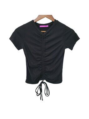 Jac Parker Mixology Ruched Crop Top Size S Black Front Drawstring Short Sleeve